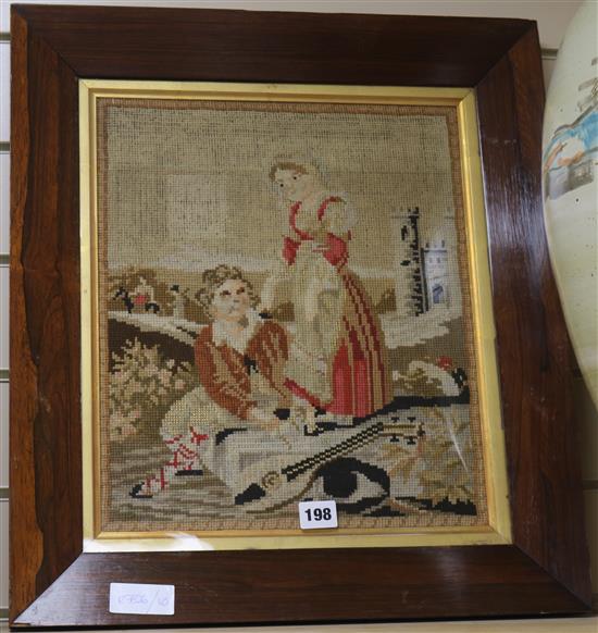 An embroidery of a courting couple, in a rosewood frame 38 x 32cm